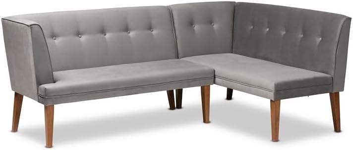 Mid-Century Grey Velvet 2pc Dining Banquette Set