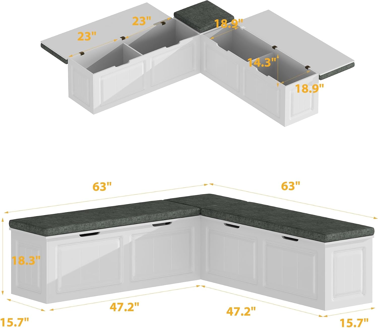 White Grey L-Shaped Storage Corner Bench