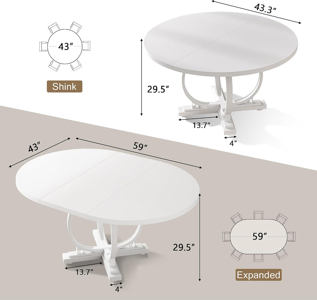 White 59" Extendable Round Oval Dining Table