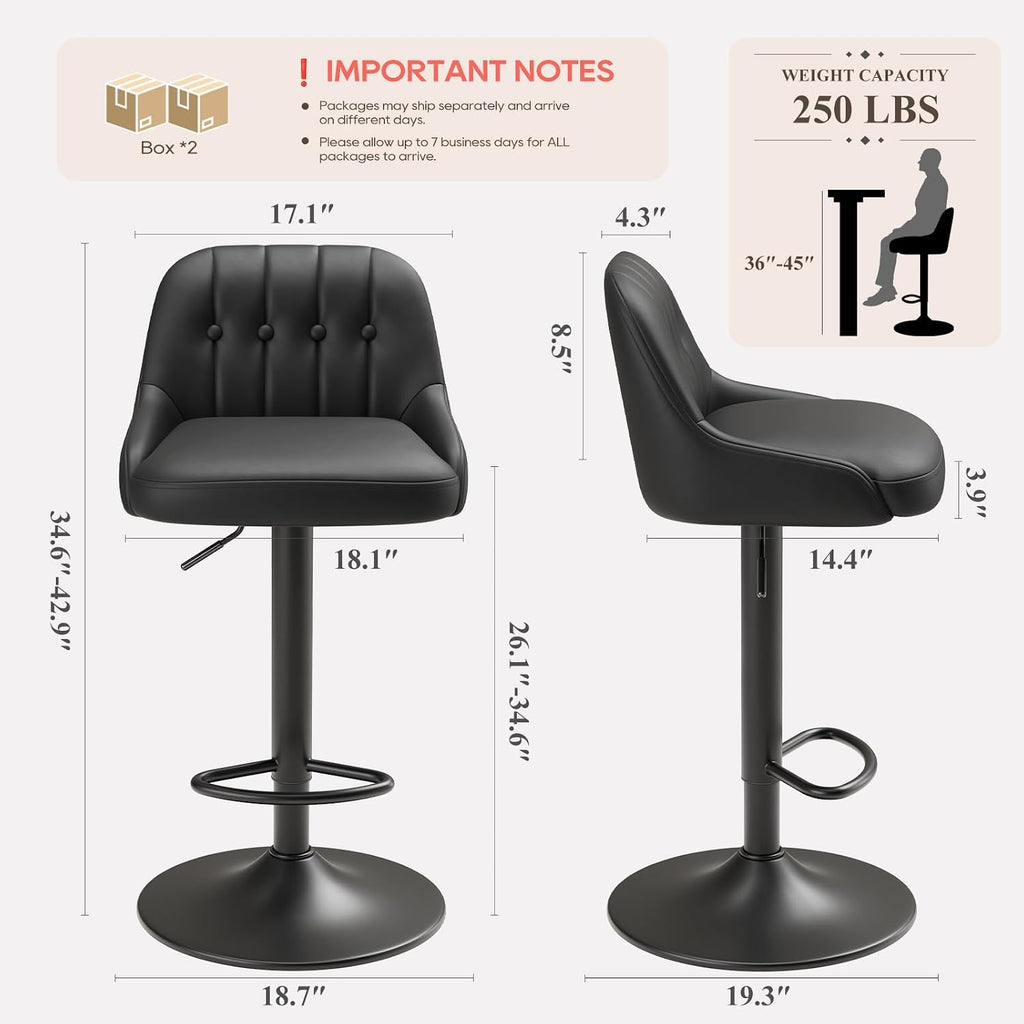 Black Tufted Adjustable Swivel Bar Stools Set of 3