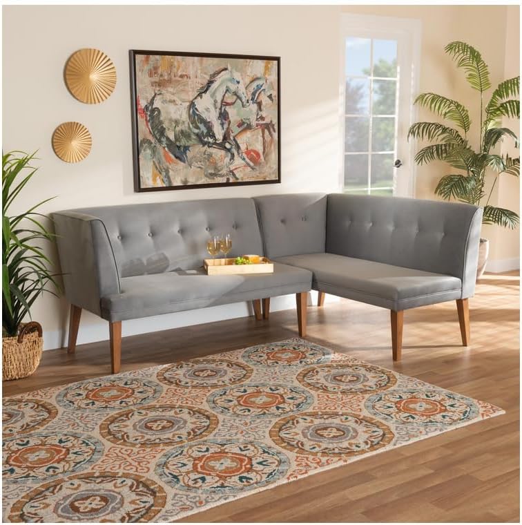 Mid-Century Grey Velvet 2pc Dining Banquette Set
