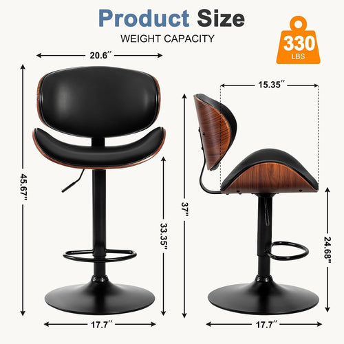 Black Adjustable Bentwood Swivel Bar Stools Set of 2