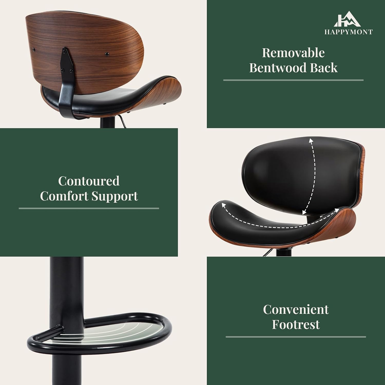 Adjustable Bentwood PU Bar Stools Set of 4