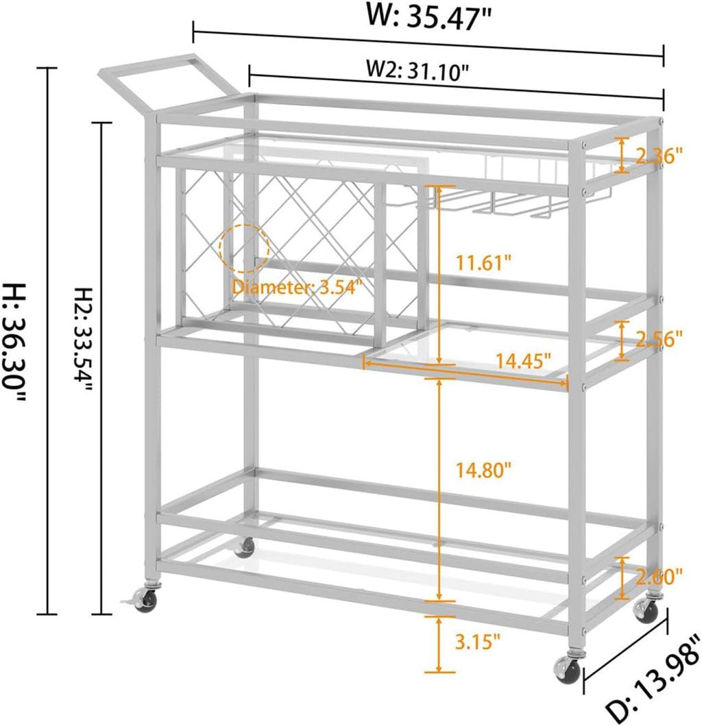 Silver Mirrored 3-Tier Rolling Bar Cart