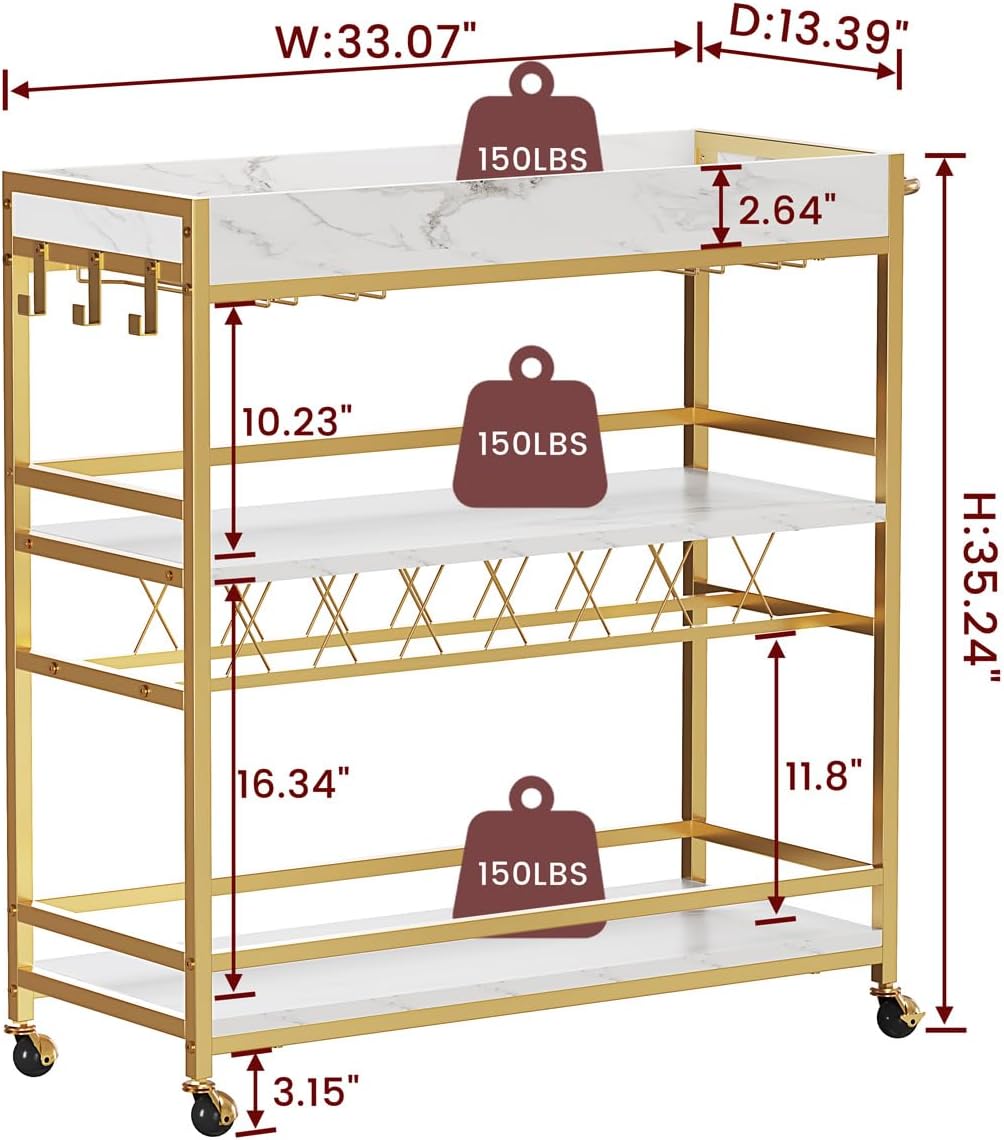 Gold Marbleized White 3-Tier Rolling Bar Cart
