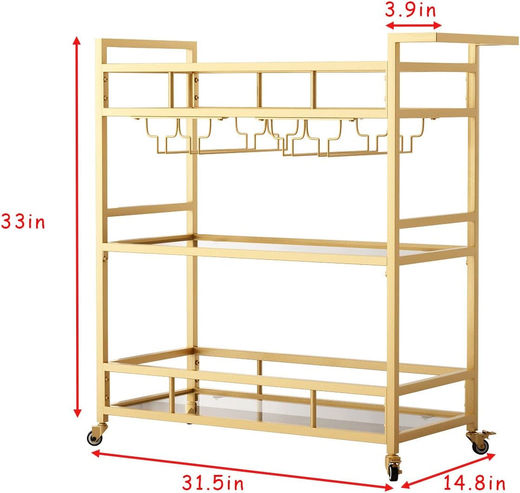 Gold Glass 3-Tier Rolling Bar Cart