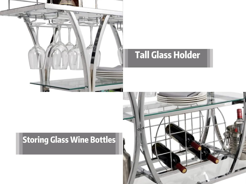 Silver Glass Rolling Bar Cart