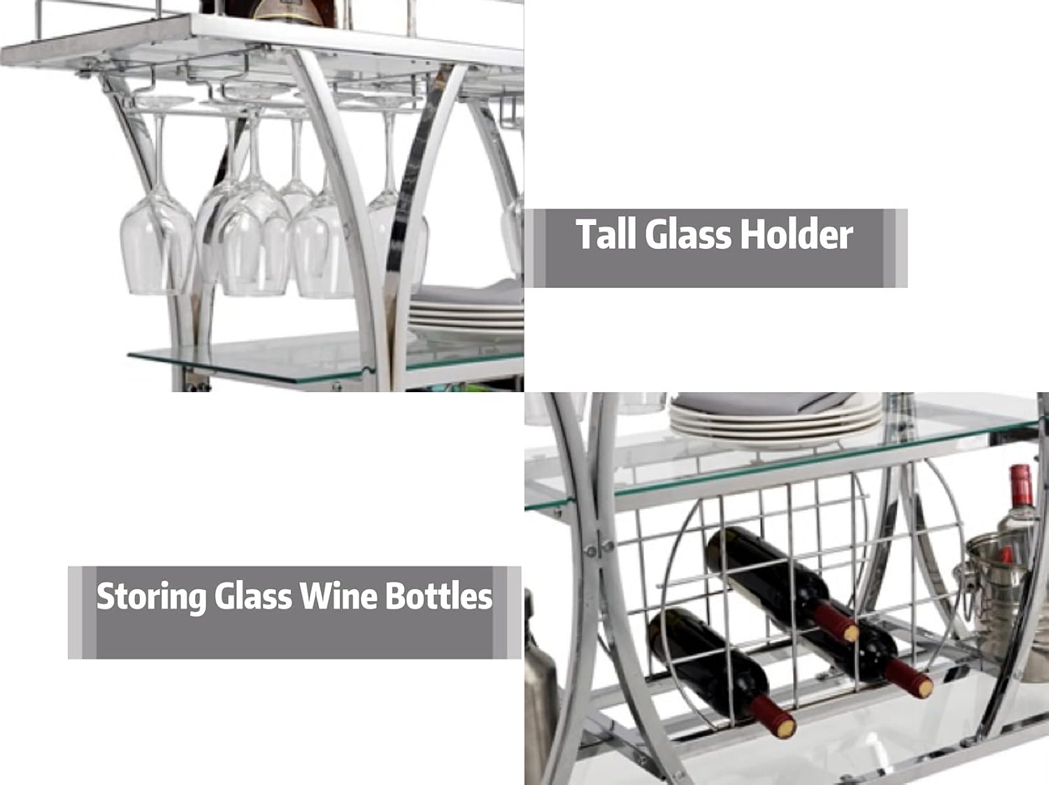 Silver Glass Rolling Bar Cart