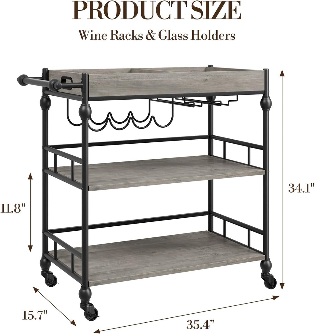 Grey Rolling 3-Tier Bar Cart