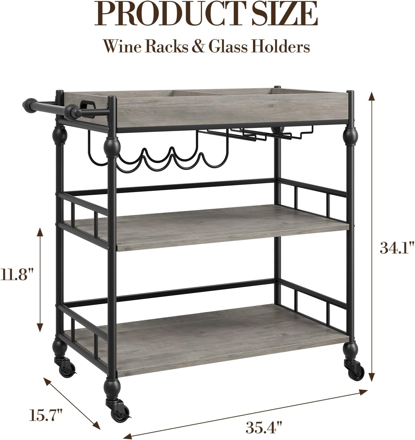 Grey Rolling 3-Tier Bar Cart