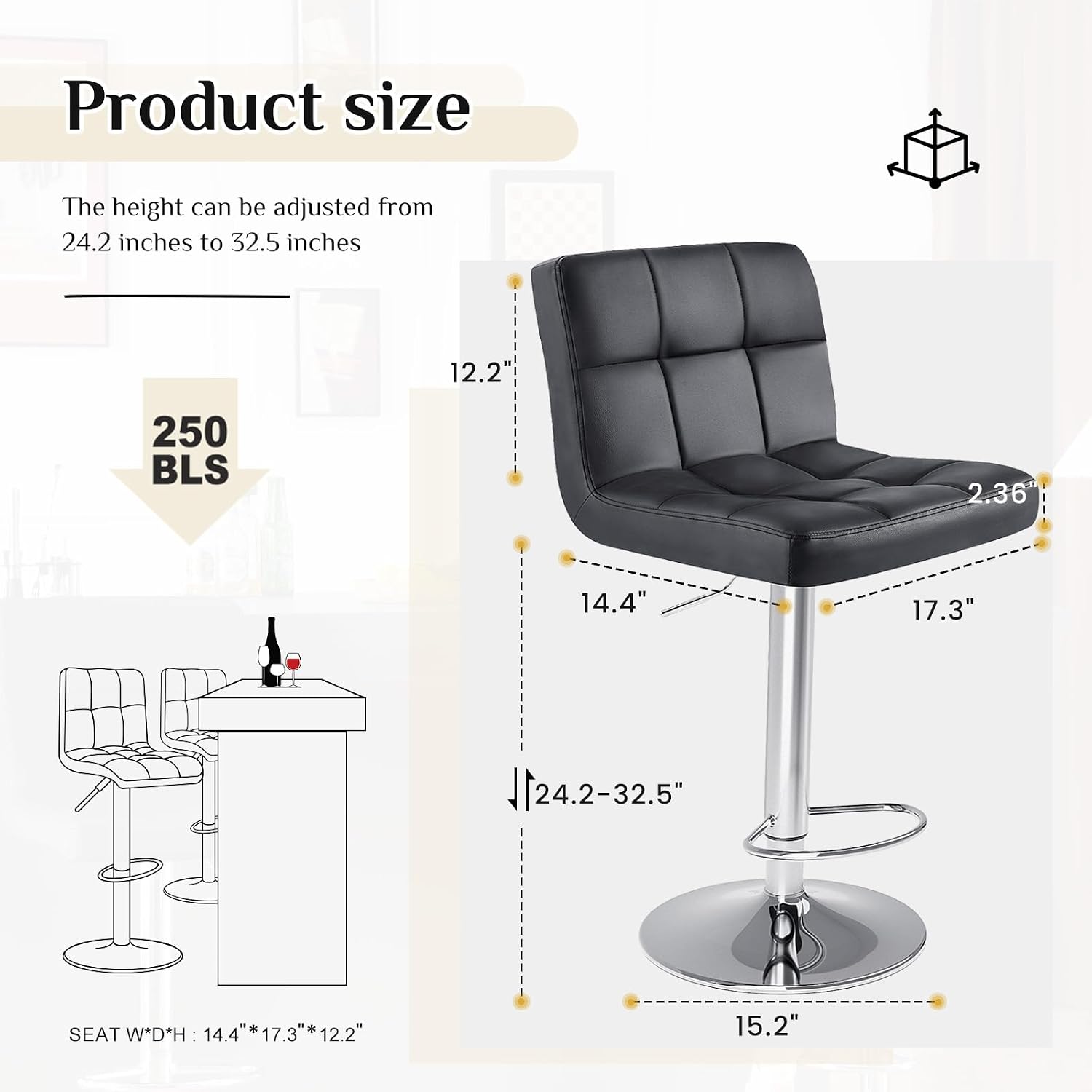 Inky Black 24 Inch PU Saddle Bar Stools Set of 4