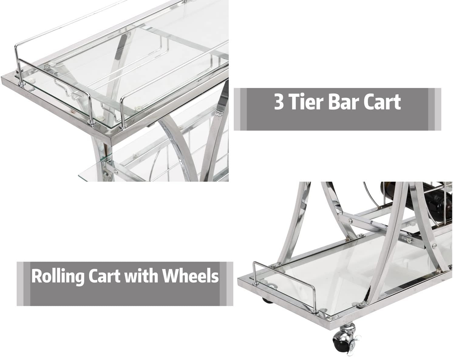 Silver Glass Rolling Bar Cart