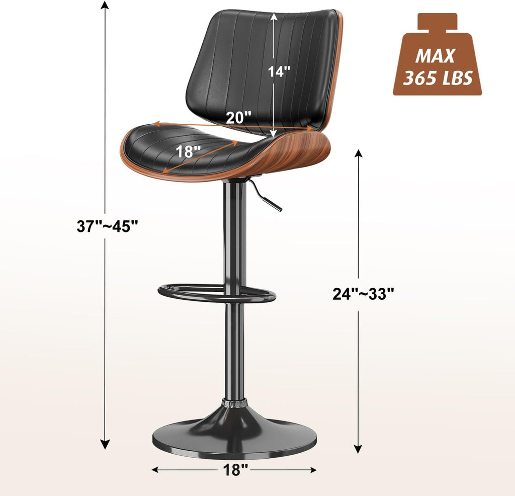 Black Adjustable Bentwood PU Bar Stools Set of 2