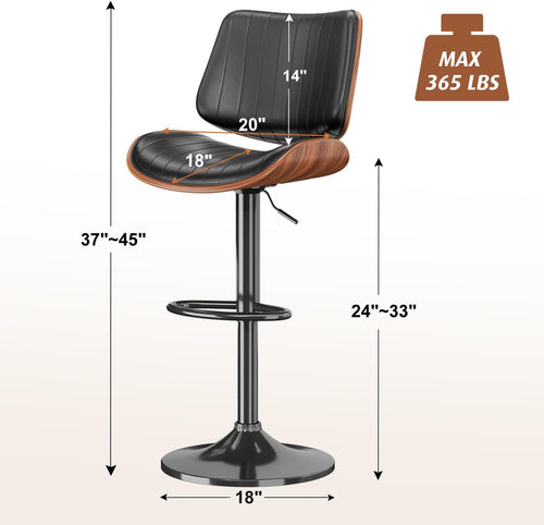 Black Adjustable Bentwood PU Bar Stools Set of 2