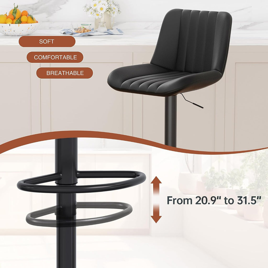Black Adjustable Swivel Leather Bar Stools Set of 2