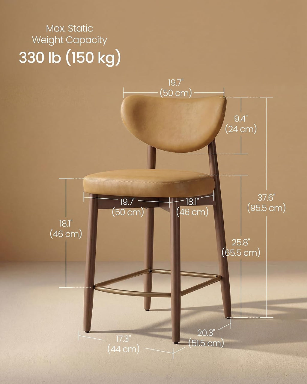 Caramel Brown Faux Leather Counter Bar Stools Set of 2
