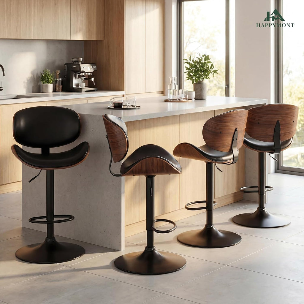 Adjustable Bentwood PU Bar Stools Set of 4
