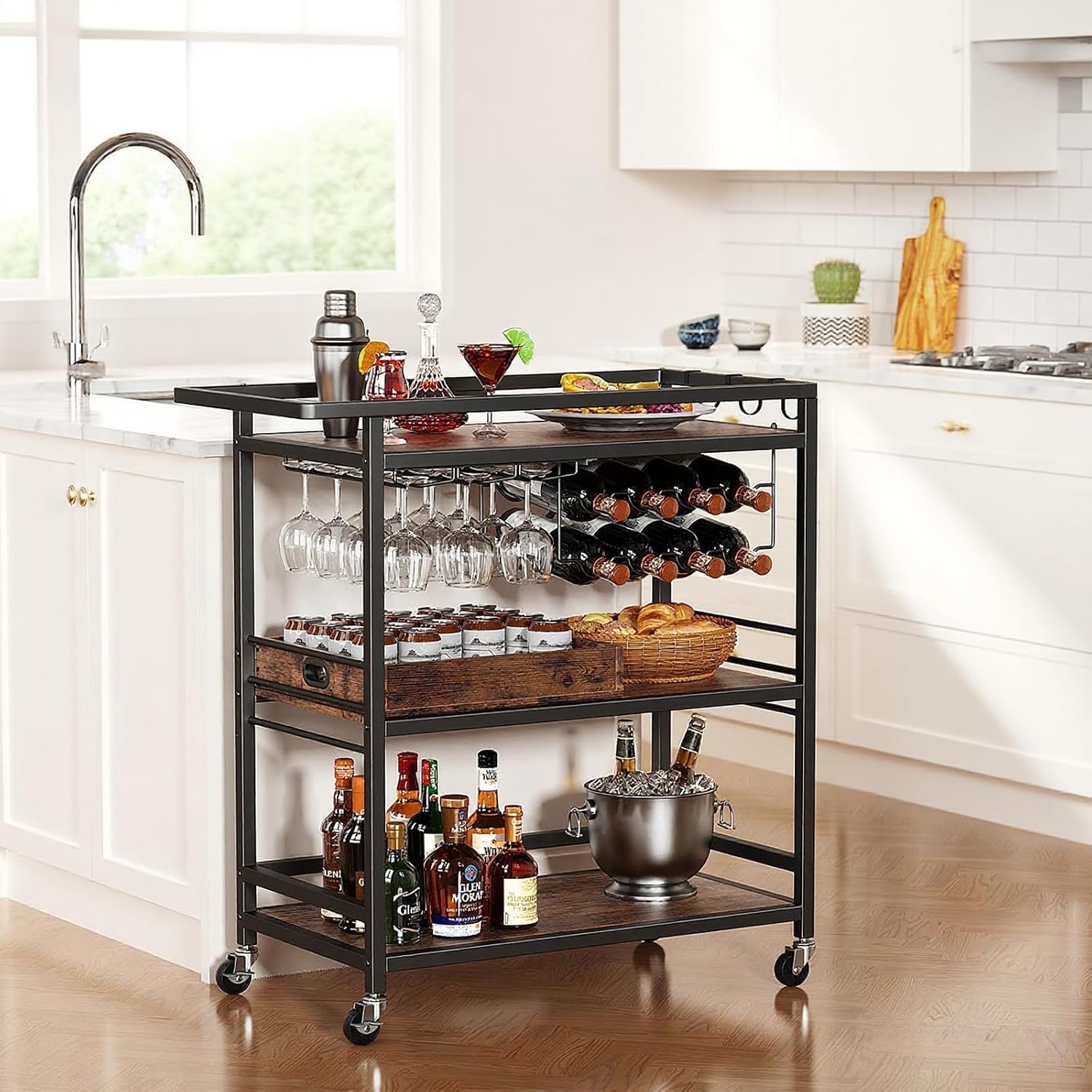 Black Brown 3-Tier Rolling Bar Cart