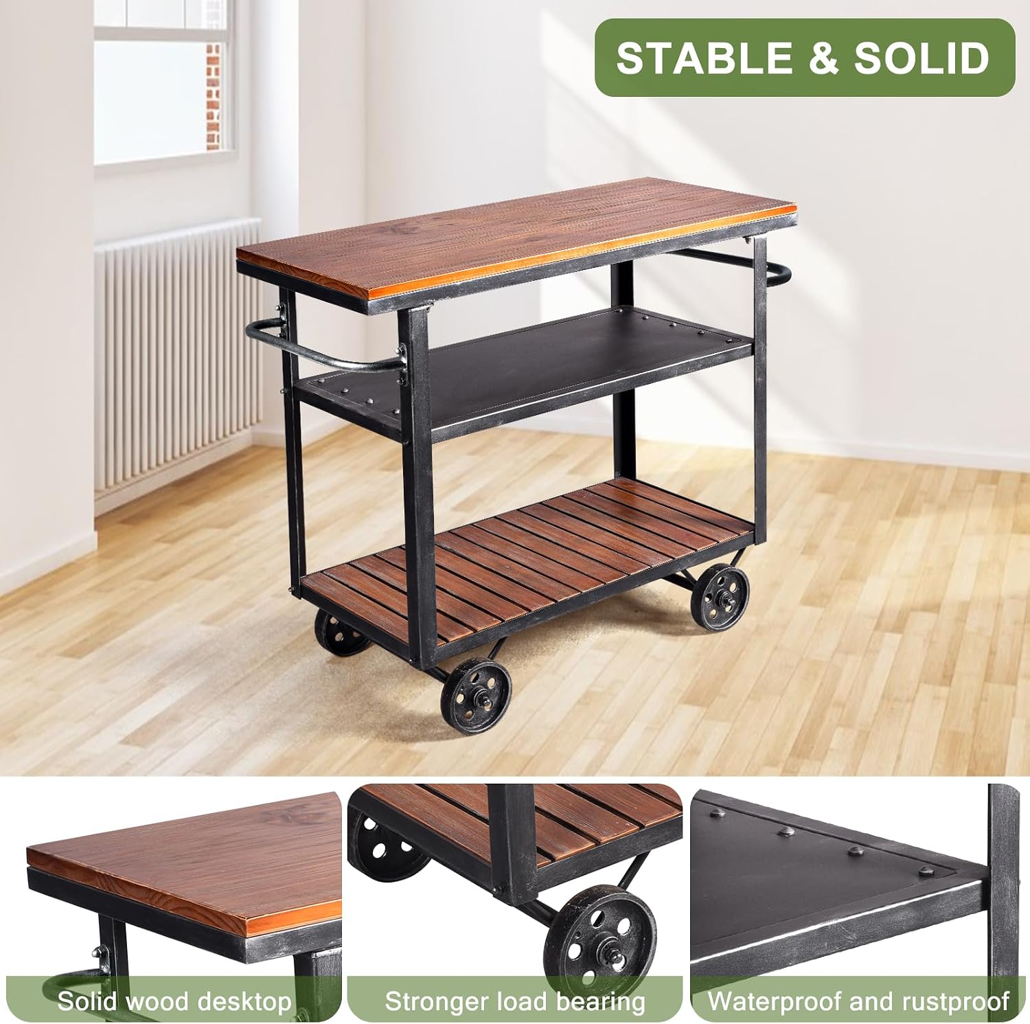 Industrial Wood Rolling Wine Cart