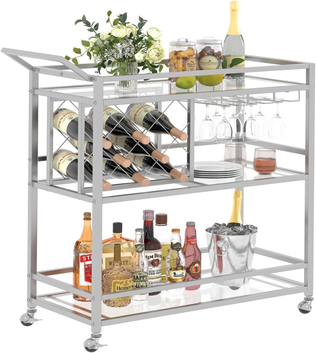 Silver Mirrored 3-Tier Rolling Bar Cart
