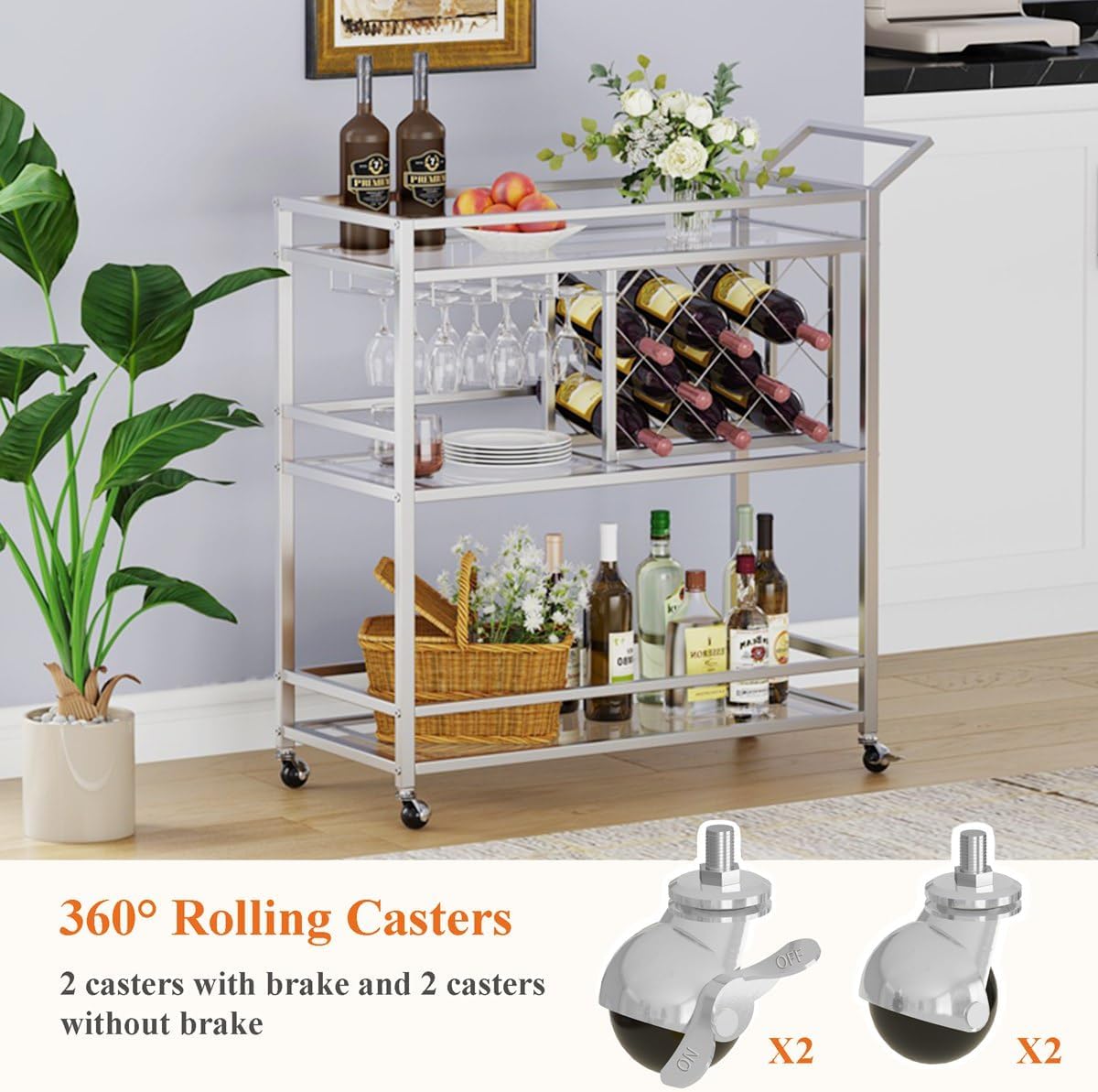 Silver Mirrored 3-Tier Rolling Bar Cart