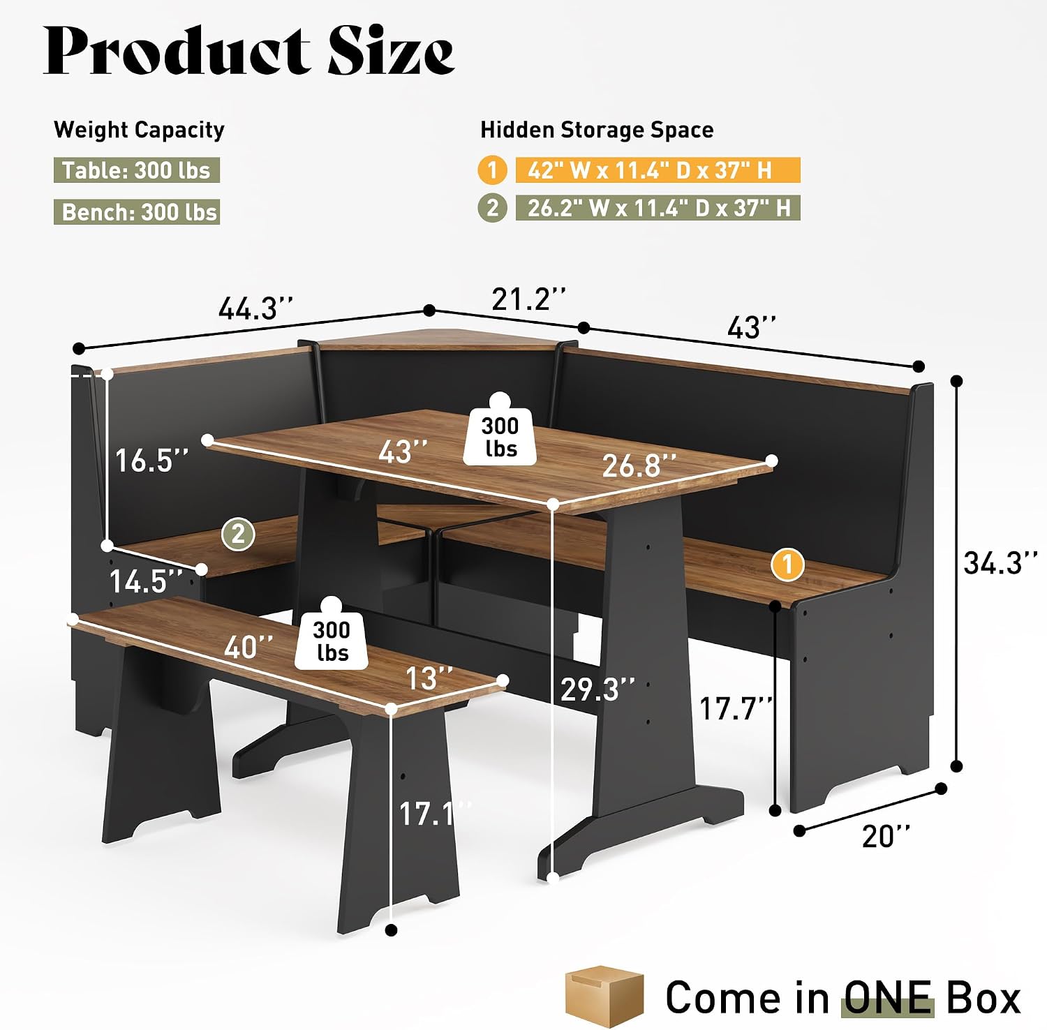 Black Oak 3pc Storage Dining Nook Set