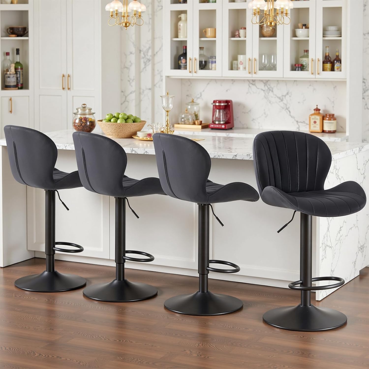 Black Adjustable Swivel Fabric Bar Stools Set of 4