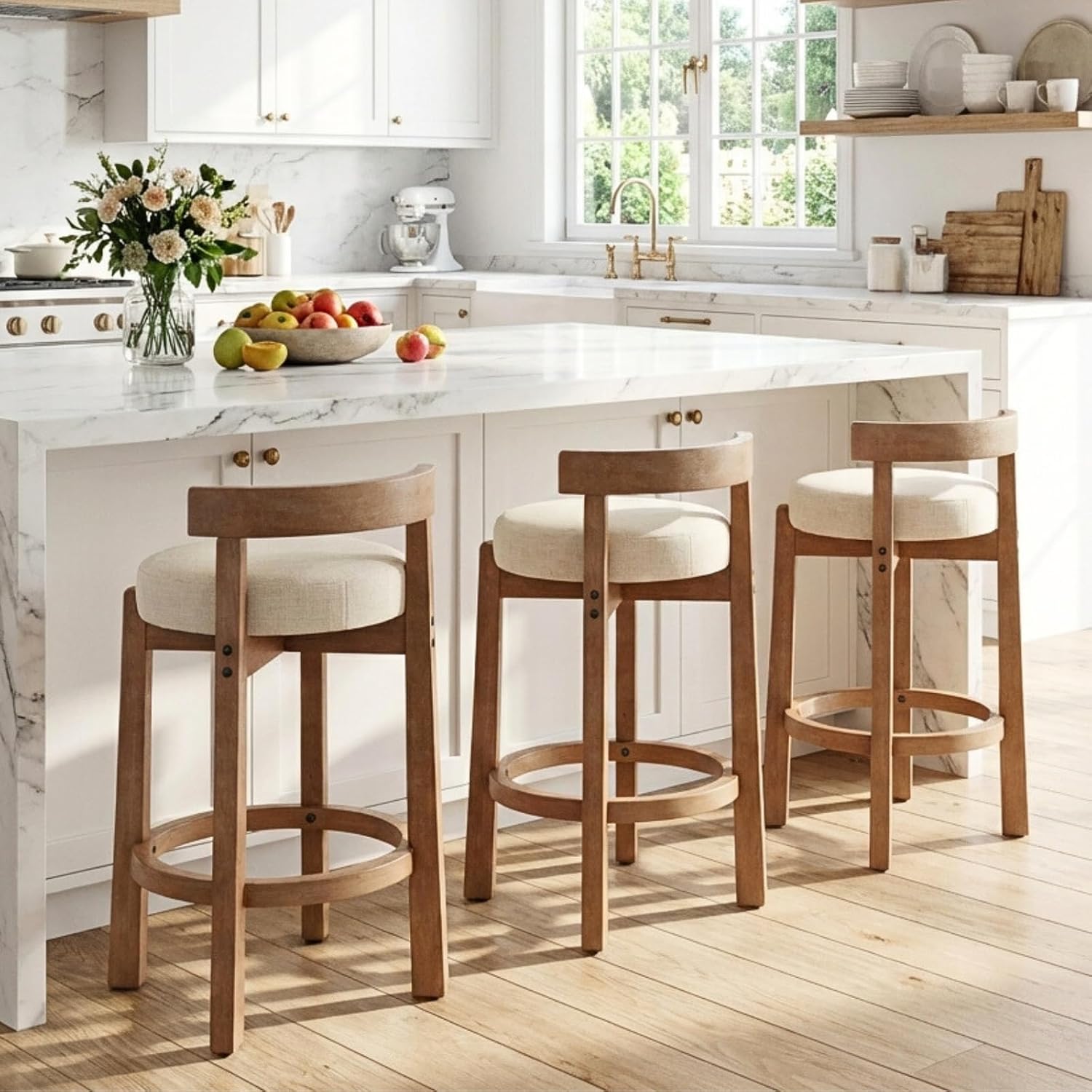 Beige Linen 26" Counter Bar Stools Set of 3