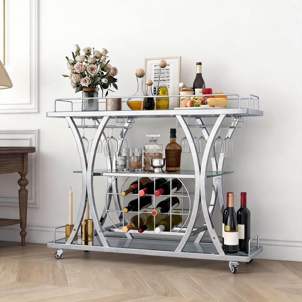 Silver Glass Rolling Bar Cart
