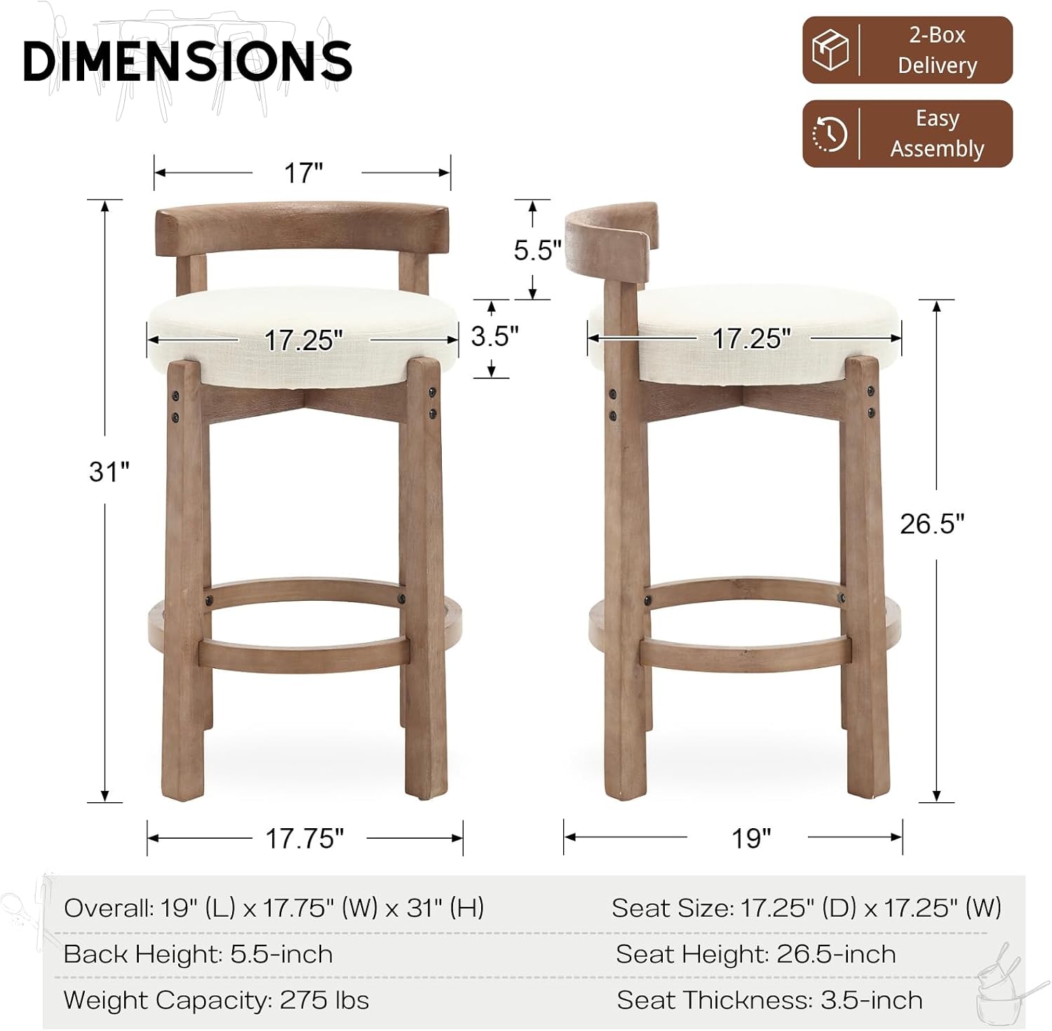 Beige Linen 26" Counter Bar Stools Set of 3