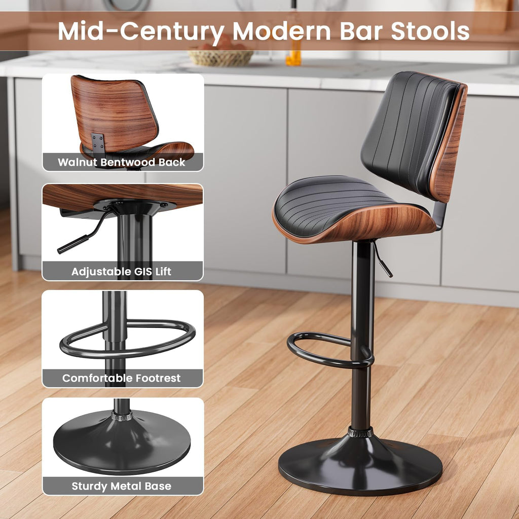 Black Adjustable Bentwood PU Bar Stools Set of 2