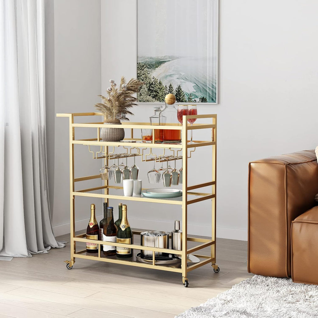 Gold Glass 3-Tier Rolling Bar Cart