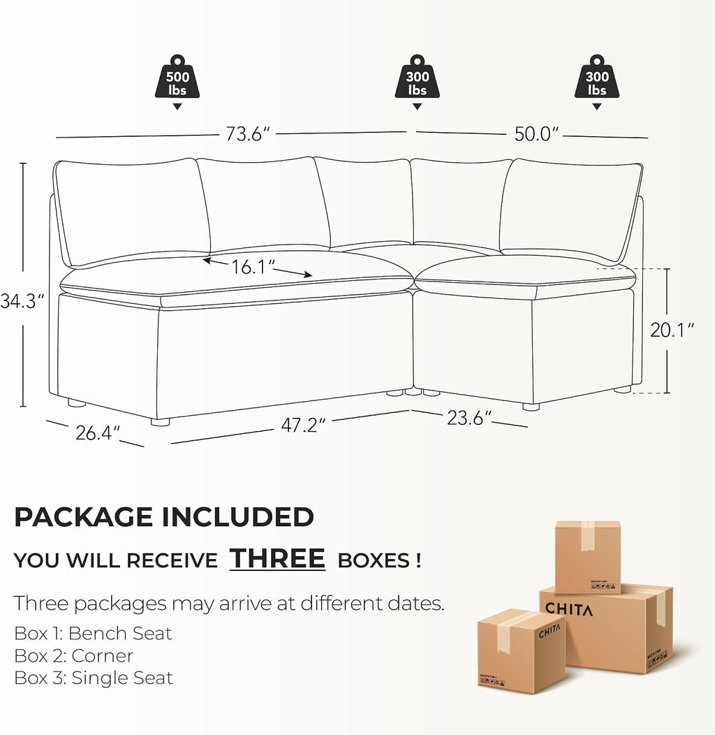 Khaki Fabric 4-Seat L-Shaped Storage Banquette