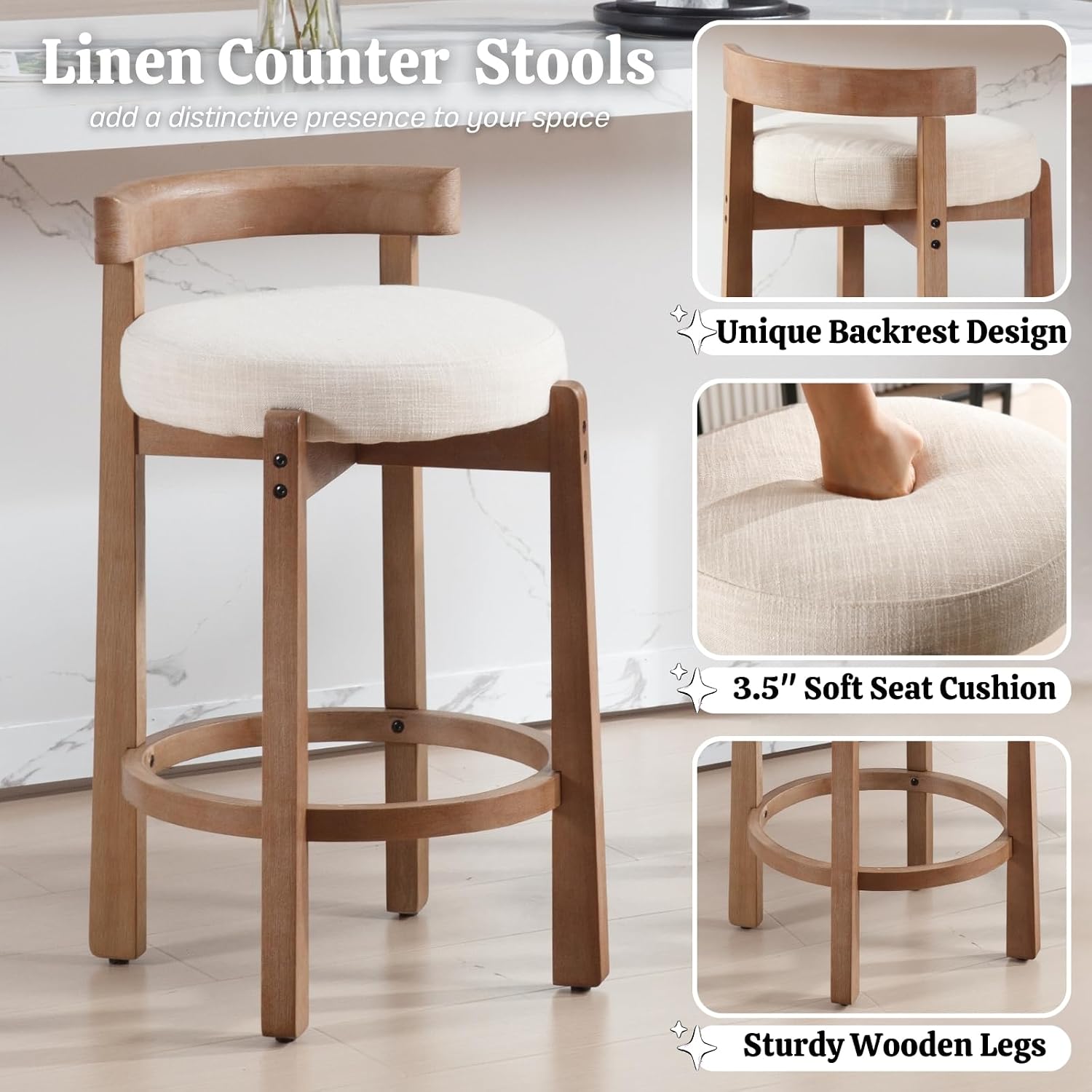 Beige Linen 26" Counter Bar Stools Set of 3