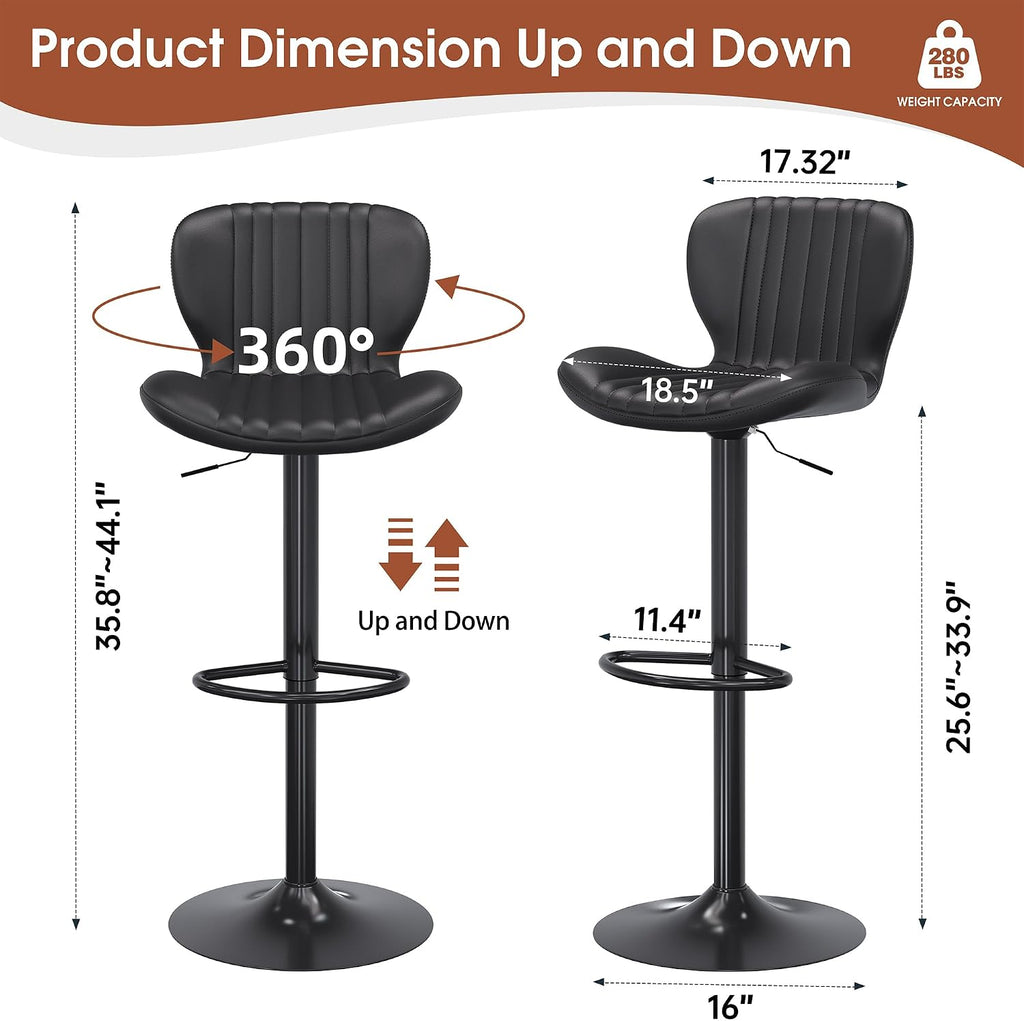 Black Adjustable Leather Bar Stools Set of 2
