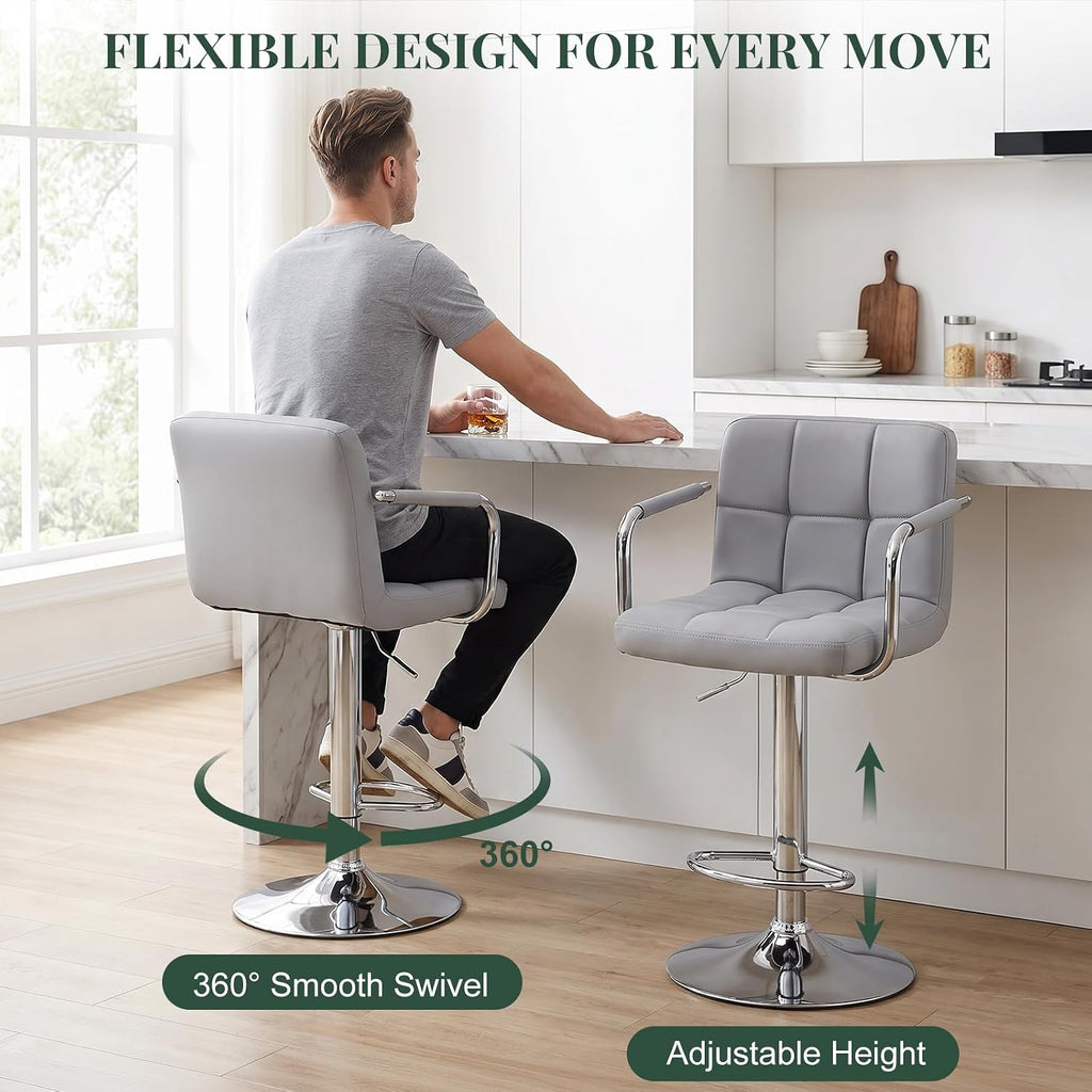 Grey Adjustable Swivel Armrest Bar Stools Set of 4