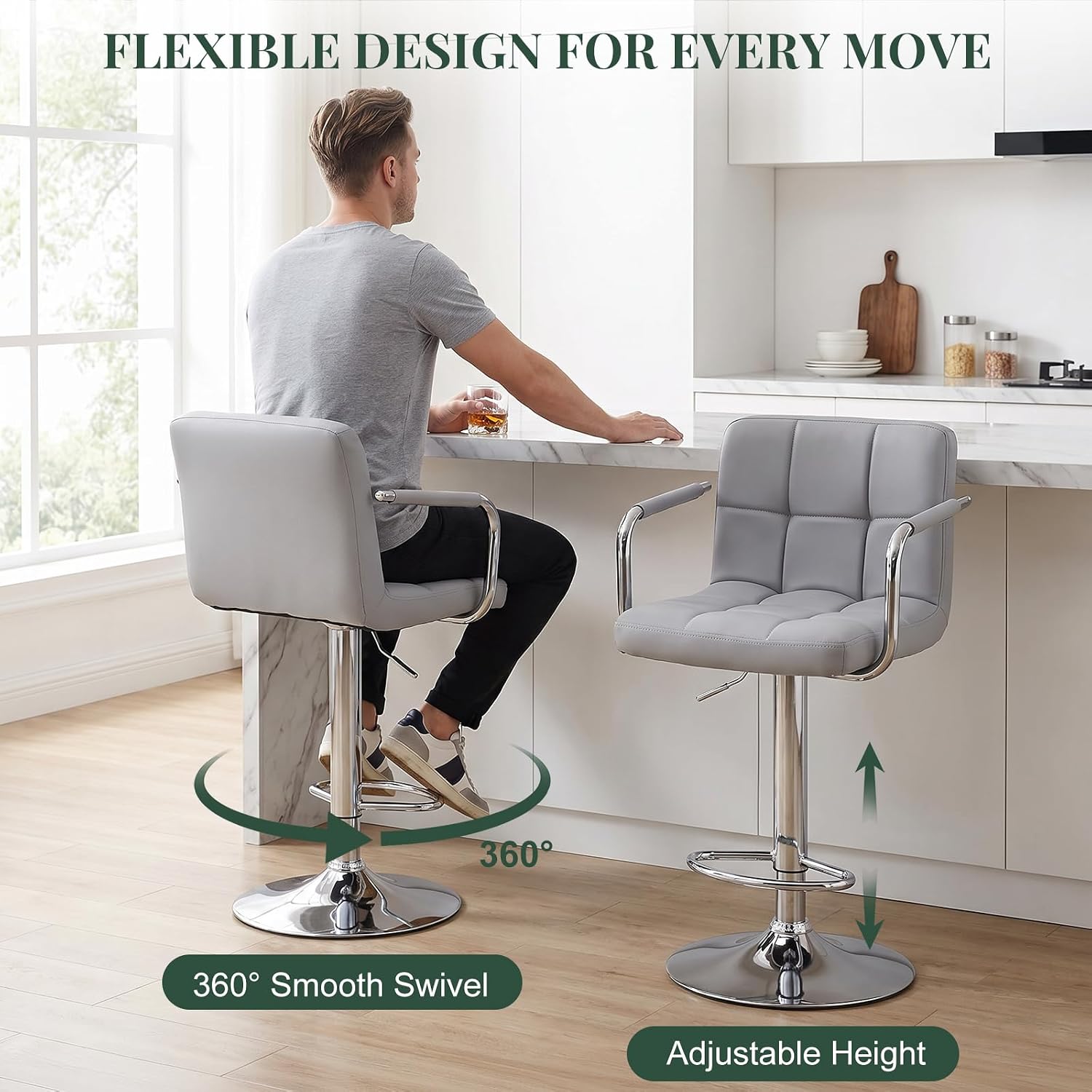 Grey Adjustable Swivel Armrest Bar Stools Set of 4