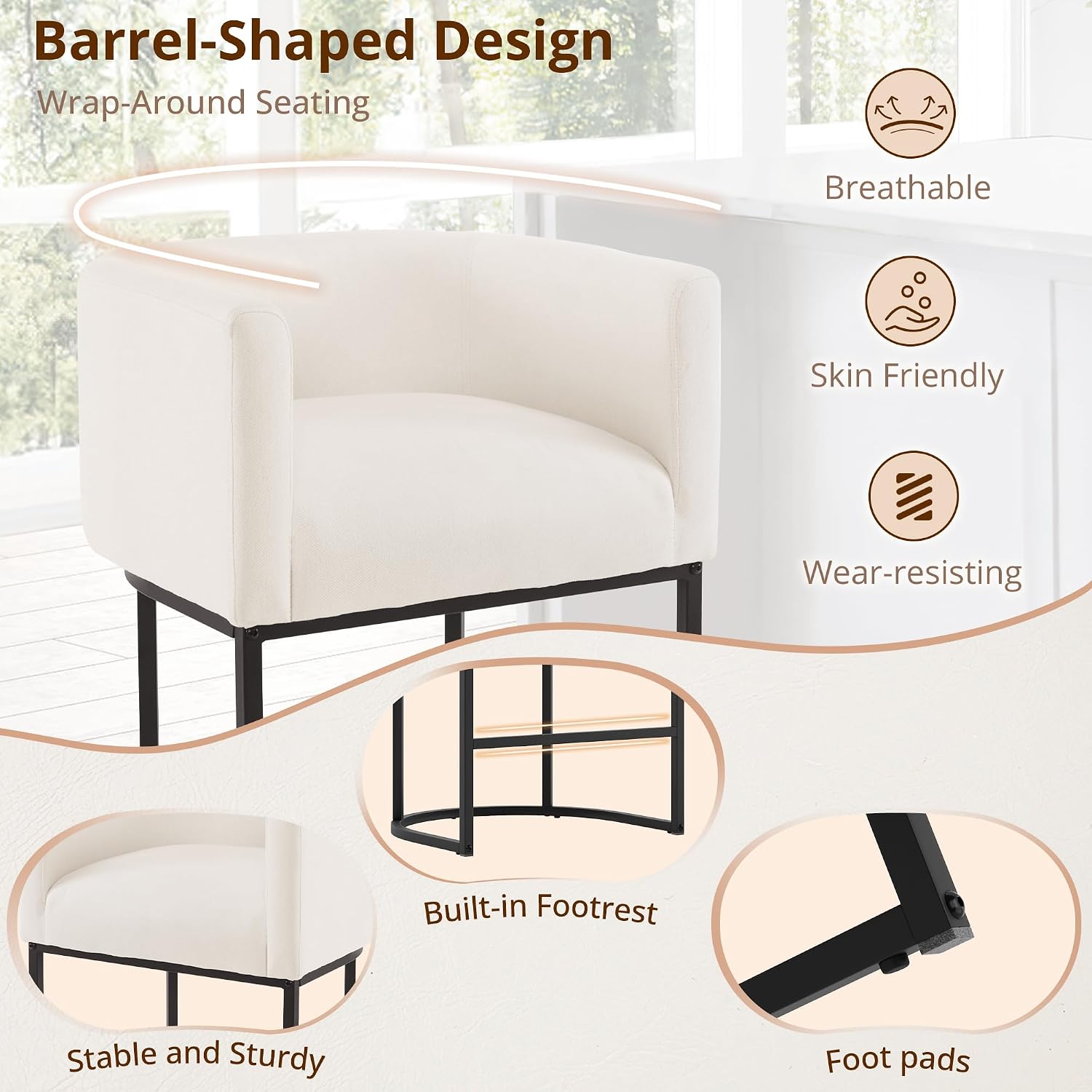 Beige Linen Barrel Counter Stools Set of 3