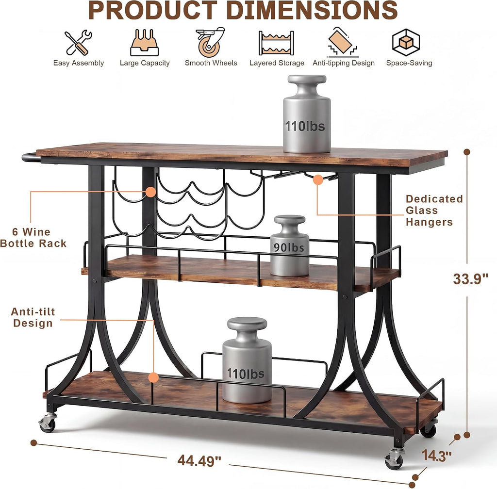 Rustic Wood Farmhouse Rolling Bar Cart