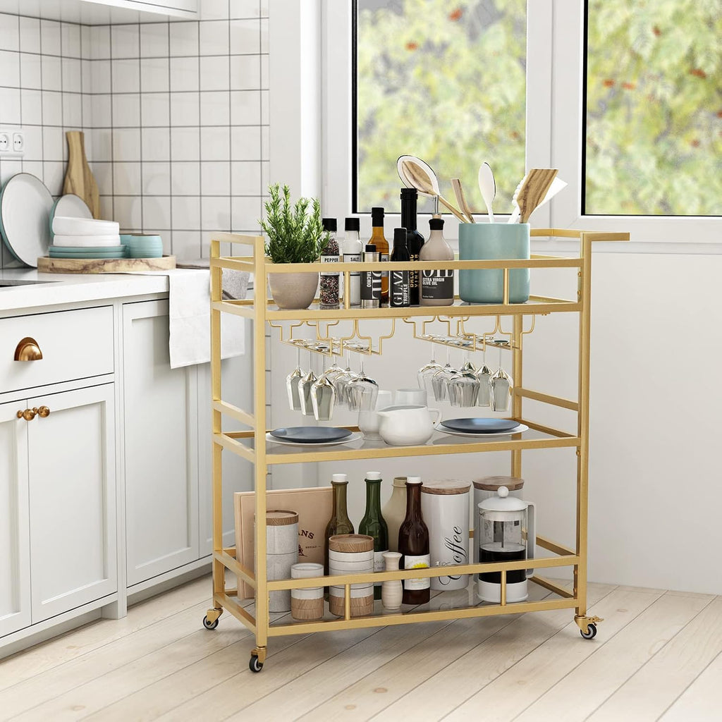 Gold Glass 3-Tier Rolling Bar Cart