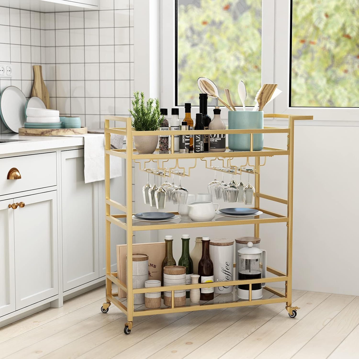 Gold Glass 3-Tier Rolling Bar Cart