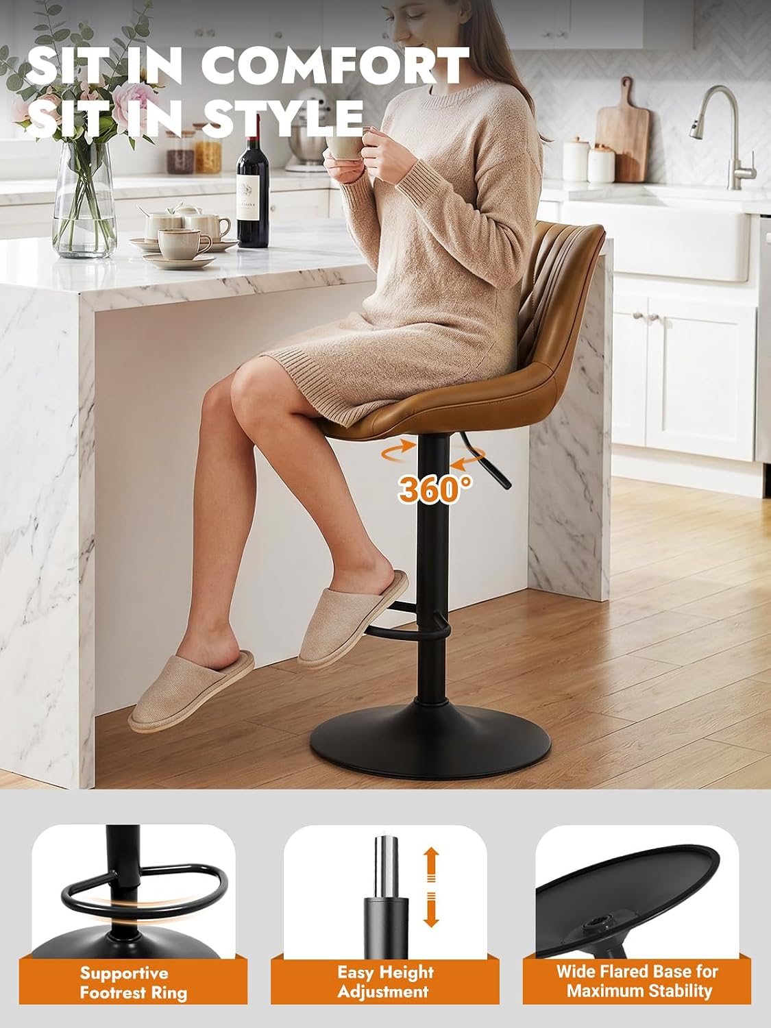 Walnut Brown Adjustable PU Bar Stools Set of 2