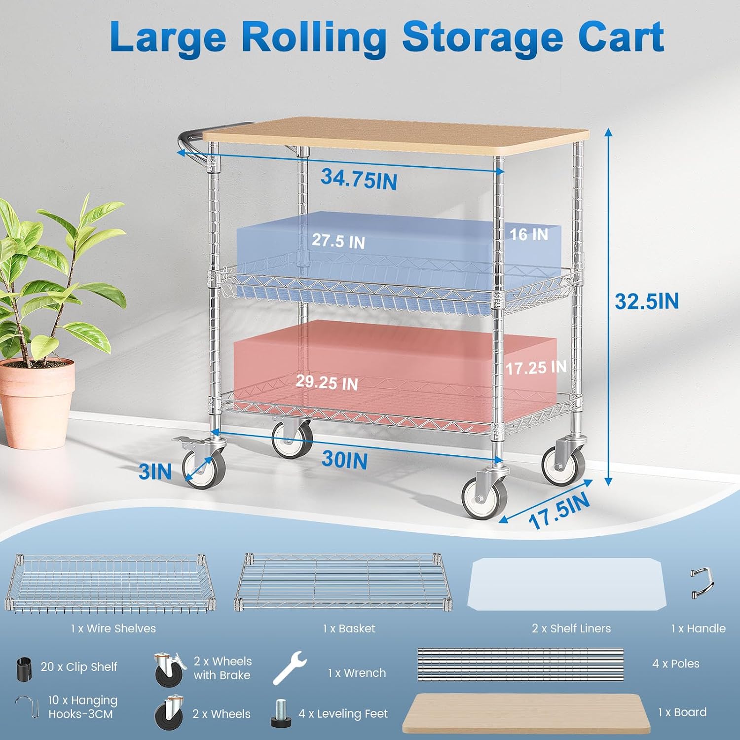 Chrome Rolling 3-Tier Kitchen Cart