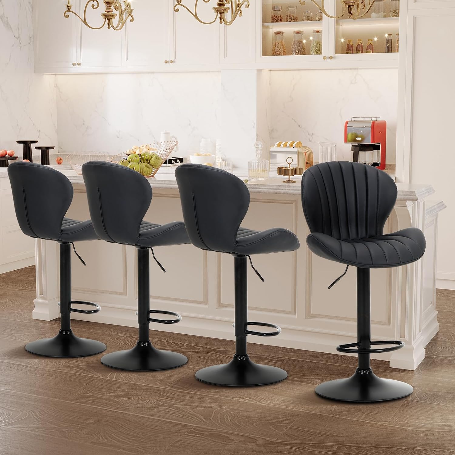 Black Adjustable Swivel Bar Stools Set of 4