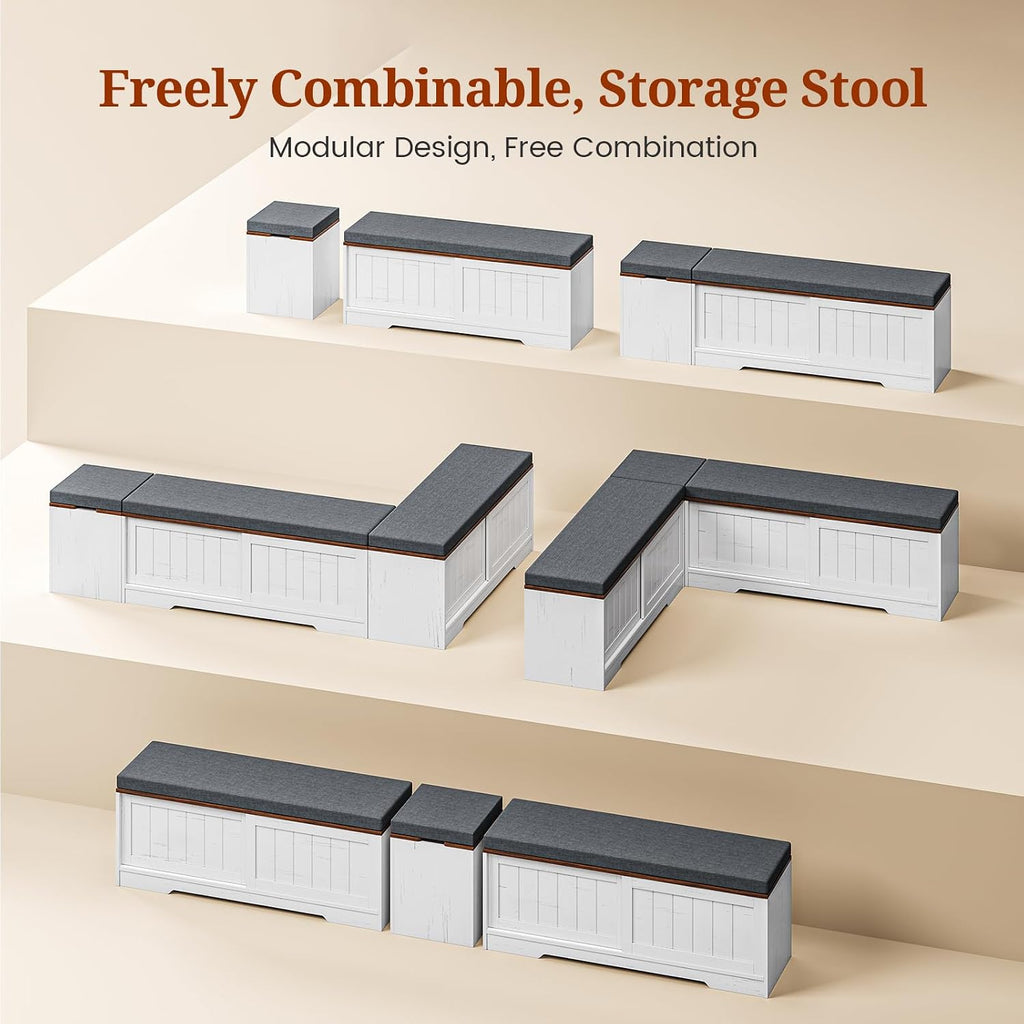 White Brown Farmhouse L-Shaped Storage Bench
