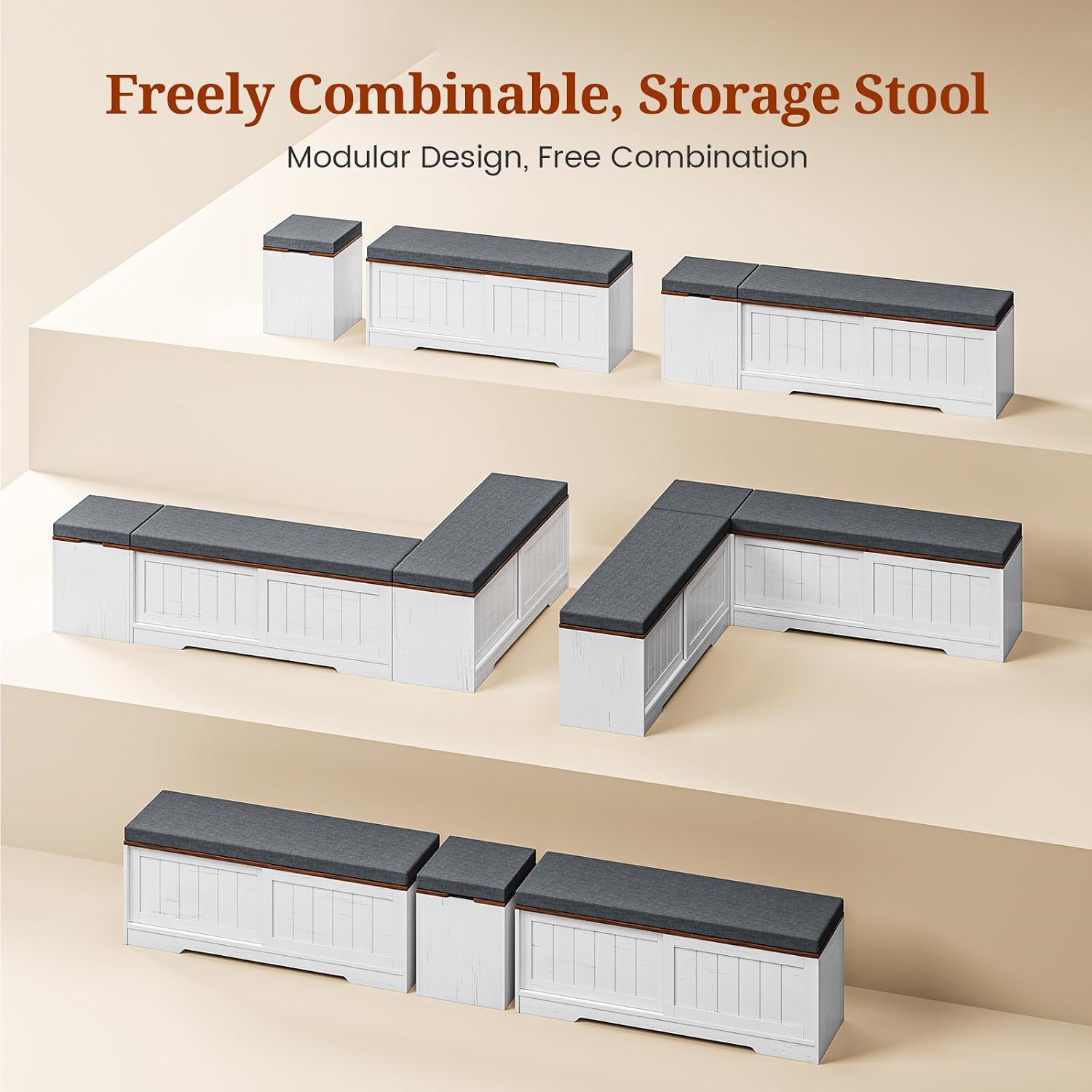 White Brown Farmhouse L-Shaped Storage Bench