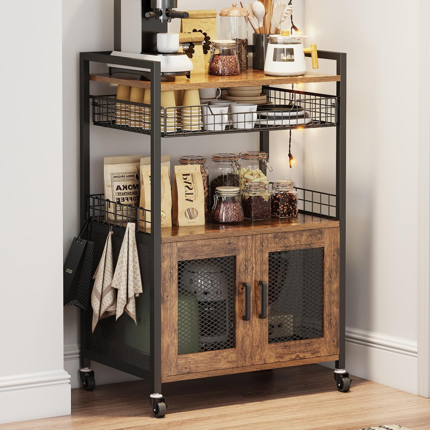 Rustic Brown Rolling Coffee Bar Cabinet