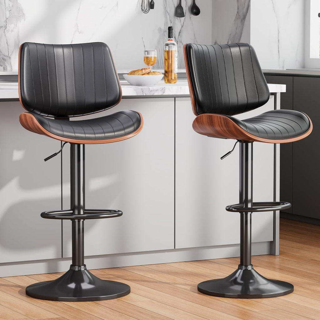Black Adjustable Bentwood PU Bar Stools Set of 2