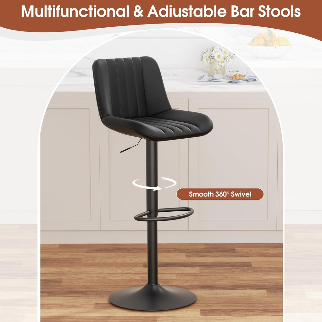 Black Adjustable Swivel Leather Bar Stools Set of 2