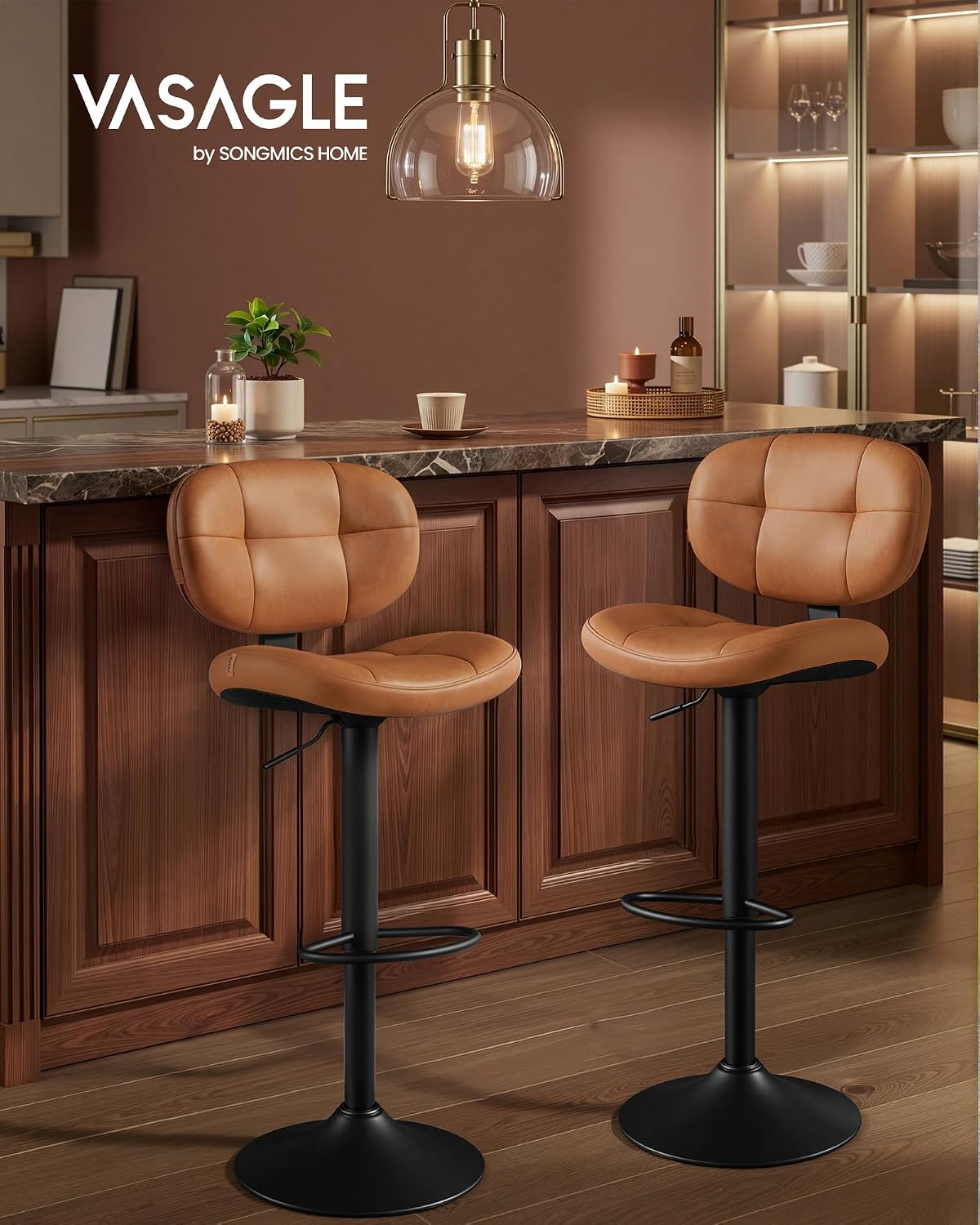 Caramel Brown Adjustable Swivel PU Bar Stools Set of 2